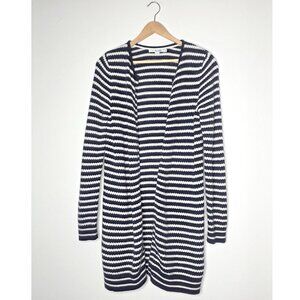 Boden Cotton Wool Blend Long Open Front Cardigan Navy and Ivory Striped Nautical
